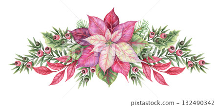 Watercolor Christmas wide arrangement with Poinsettia flower and yew leaves hand drawn with sparkling and pencil texture. Festive pink and green composition. Perfect for greeting card and design. Watercolor Christmas wide arrangement with Poinsettia flower and yew leaves hand drawn with sparkling and pencil texture. Festive pink and green composition. Perfect for greeting card and design. 132490342
