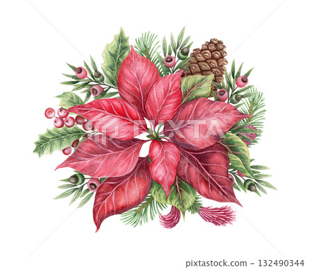 Watercolor bouquet with Poinsettia flower and leaves hand drawn with sparkling and pencil texture. Festive red and green composition. Perfect for Christmas greeting card and botanical seasonal design. 132490344
