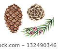 Set of yew branch and pine cones hand drawn in watercolor with sparkling pencil texture. Green leaves and pink berries create a festive botanical look. Perfect for Christmas card and other project. 132490346