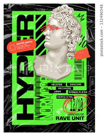 Acid Rave Poster with Apollo Bust and Brutalist Elements Acid Rave Poster with Apollo Bust and Brutalist Elements 132490348