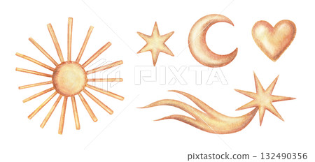 Copper metal celestial ornament set with comet sun and heart hand drawn in watercolor with sparkle and pencil texture. Shiny vintage jewelry illustration. Perfect for Christmas card and seasonal art. Copper metal celestial ornament set with comet sun and heart hand drawn in watercolor with sparkle and pencil texture. Shiny vintage jewelry illustration. Perfect for Christmas card and seasonal art. 132490356
