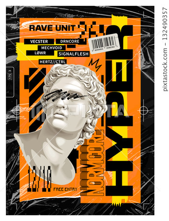 Acid Rave Poster with Apollo Bust and Brutalist Elements Acid Rave Poster with Apollo Bust and Brutalist Elements 132490357