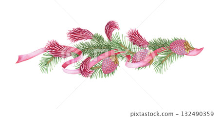 Watercolor pink ribbon twisted with Norway spruce hand drawn with sparkling and pencil texture. Aesthetic pink and green botanical composition. Perfect for Christmas greeting card and seasonal design. Watercolor pink ribbon twisted with Norway spruce hand drawn with sparkling and pencil texture. Aesthetic pink and green botanical composition. Perfect for Christmas greeting card and seasonal design. 132490359