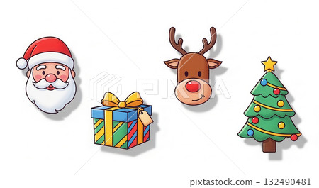 Christmas-themed illustration featuring Santa Claus, a reindeer, a colorful gift box, and a decorated Christmas tree, embodying festive spirit and holiday joy with copy space Christmas-themed illustration featuring Santa Claus, a reindeer, a colorful gift box, and a decorated Christmas tree, embodying festive spirit and holiday joy with copy space 132490481