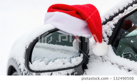 Red Santa hat resting on a snowy car mirror, surrounded by a winter wonderland, capturing the festive spirit of Christmas and New Year celebrations with holiday cheer Red Santa hat resting on a snowy car mirror, surrounded by a winter wonderland, capturing the festive spirit of Christmas and New Year celebrations with holiday cheer 132490508