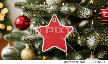 Red star-shaped tag hanging on a Christmas tree adorned with ornaments and lights, creating a festive atmosphere for holiday celebrations and New Year discounts Red star-shaped tag hanging on a Christmas tree adorned with ornaments and lights, creating a festive atmosphere for holiday celebrations and New Year discounts 132490511