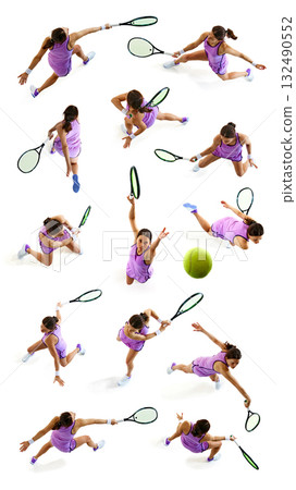 Female tennis player hitting shots in top view motion sequence collage isolated on white background Female tennis player hitting shots in top view motion sequence collage isolated on white background 132490552