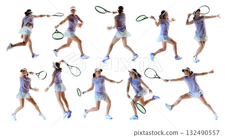 Collage of female tennis player performing dynamic strokes in motion sequence isolated on white background 132490557