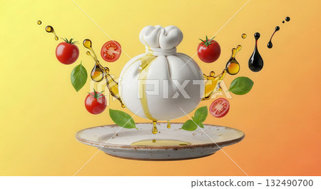 Burrata cheese surrounded by fresh tomatoes, basil leaves, and olive oil droplets, creating a vibrant culinary scene with a warm gradient background 132490700