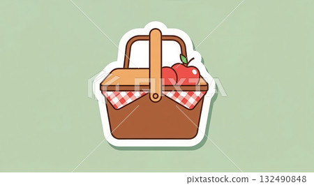Colorful picnic basket illustration featuring red apples and a checkered cloth, set against a soft green background, evoking a sense of outdoor leisure and enjoyment Colorful picnic basket illustration featuring red apples and a checkered cloth, set against a soft green background, evoking a sense of outdoor leisure and enjoyment 132490848