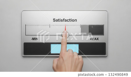 Hand adjusting satisfaction meter on a sleek control panel, showcasing a modern design with clear indicators for minimum and maximum levels of satisfaction Hand adjusting satisfaction meter on a sleek control panel, showcasing a modern design with clear indicators for minimum and maximum levels of satisfaction 132490849