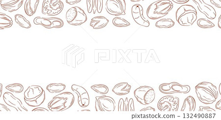 Border frame with nut, almond, cashew, peanut, walnut, hazelnut and pecan in line art style. Design for grocery store wallpaper and card. Border frame with nut, almond, cashew, peanut, walnut, hazelnut and pecan in line art style. Design for grocery store wallpaper and card. 132490887