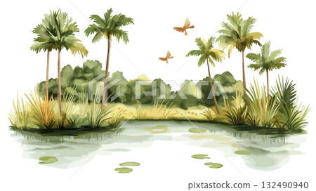 Pantanal Wetlands - Mato Grosso. Pantanal Wetlands - Mato Grosso hand drawn watercolor illustration Pantanal Wetlands - Mato Grosso. Pantanal Wetlands - Mato Grosso hand drawn watercolor illustration 132490940