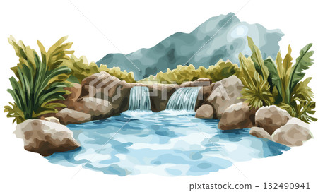 Papallacta Hot Springs. Papallacta Hot Springs hand drawn watercolor illustration Papallacta Hot Springs. Papallacta Hot Springs hand drawn watercolor illustration 132490941