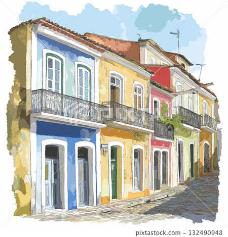 Pelourinho Historic Center. Pelourinho Historic Center hand drawn watercolor illustration Pelourinho Historic Center. Pelourinho Historic Center hand drawn watercolor illustration 132490948