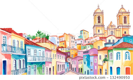 Pelourinho Historic Center. Pelourinho Historic Center hand drawn watercolor illustration Pelourinho Historic Center. Pelourinho Historic Center hand drawn watercolor illustration 132490950