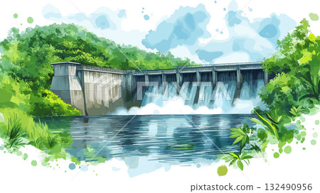Petit Saut Dam. Petit Saut Dam hand drawn watercolor illustration 132490956