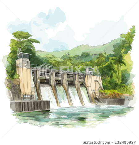 Petit Saut Dam. Petit Saut Dam hand drawn watercolor illustration Petit Saut Dam. Petit Saut Dam hand drawn watercolor illustration 132490957