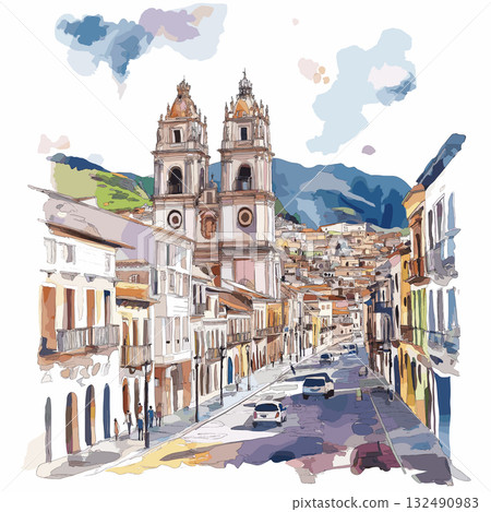 Quito Old Town. Quito Old Town hand drawn watercolor illustration Quito Old Town. Quito Old Town hand drawn watercolor illustration 132490983
