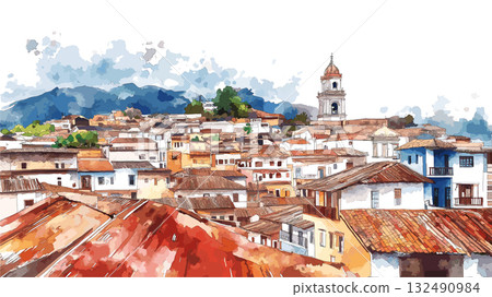 Quito Old Town. Quito Old Town hand drawn watercolor illustration Quito Old Town. Quito Old Town hand drawn watercolor illustration 132490984