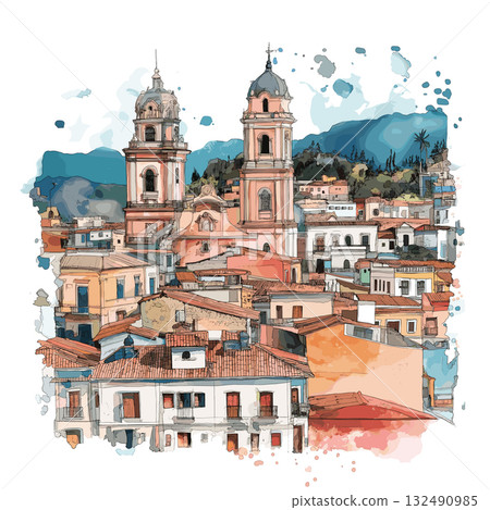 Quito Old Town. Quito Old Town hand drawn watercolor illustration Quito Old Town. Quito Old Town hand drawn watercolor illustration 132490985