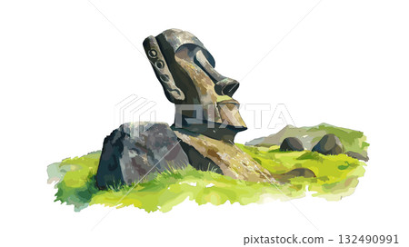 Rano Raraku. Rano Raraku hand drawn watercolor illustration Rano Raraku. Rano Raraku hand drawn watercolor illustration 132490991