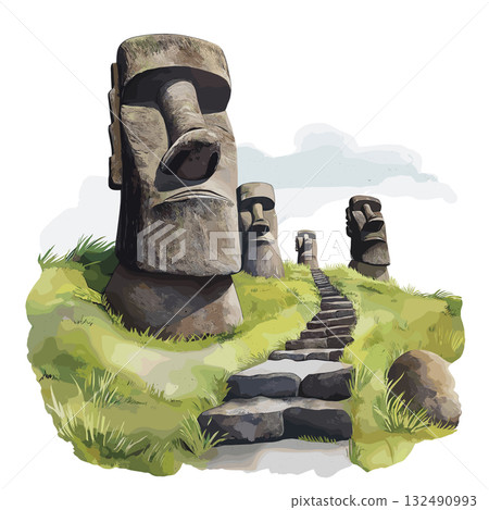Rano Raraku. Rano Raraku hand drawn watercolor illustration Rano Raraku. Rano Raraku hand drawn watercolor illustration 132490993