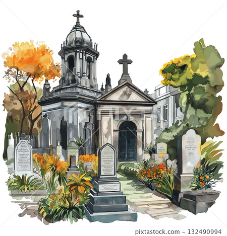 Recoleta Cemetery. Recoleta Cemetery hand drawn watercolor illustration 132490994