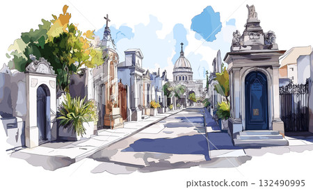 Recoleta Cemetery. Recoleta Cemetery hand drawn watercolor illustration 132490995