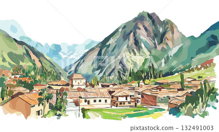 Sacred Valley. Sacred Valley hand drawn watercolor illustration 132491003