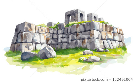 Sacsayhuaman Fortress. Sacsayhuaman Fortress hand drawn watercolor illustration 132491004