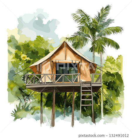 Saint-Laurent-du-Maroni Camp. Saint-Laurent-du-Maroni Camp hand drawn watercolor illustration 132491012