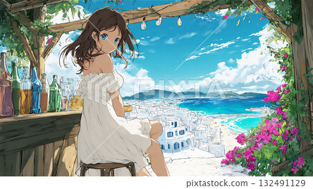 Illustration of a woman in a cafe with a beautiful ocean background Illustration of a woman in a cafe with a beautiful ocean background 132491129