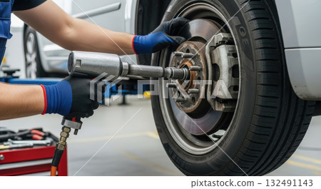 Skilled automotive technician using power tool to remove wheel from vehicle in a well-equipped garage, showcasing expertise in car maintenance and repair techniques 132491143