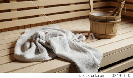 Soft white towel draped over wooden bench in a sauna, accompanied by a wooden bucket, creating a serene and relaxing bathhouse atmosphere for wellness and rejuvenation 132491168