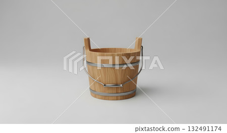 Wooden bucket with metal accents, showcasing a natural finish and smooth texture, ideal for sauna or bathhouse settings, enhancing relaxation and wellness experiences 132491174