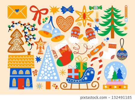 Christmas and New Year illustrations in cartoon style. Holiday gifts and decor, winter, snowflakes, Santa, Christmas tree, toys, garland, stars, bows, cozy atmosphere. Festive seasonal vector objects. 132491185