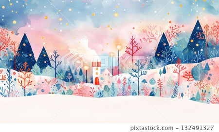 Warm house lights shining in the winter forest Warm house lights shining in the winter forest 132491327