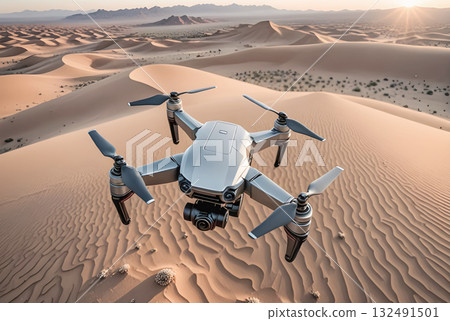 Modern drone with camera hovering in the air against a desert backdrop 132491501
