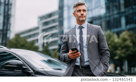 Businessman in gray suit stands confidently beside luxury car, holding smartphone, with modern urban architecture and greenery in the background, showcasing professional lifestyle and success Businessman in gray suit stands confidently beside luxury car, holding smartphone, with modern urban architecture and greenery in the background, showcasing professional lifestyle and success 132491541