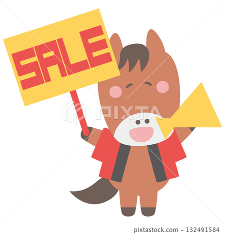 Cute horse character illustration wearing a happi coat holding a megaphone and a sale sign Cute horse character illustration wearing a happi coat holding a megaphone and a sale sign 132491584