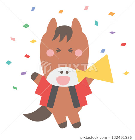 Cute horse character illustration in a happi coat holding a megaphone in confetti 132491586