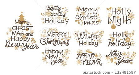 Handwritten cute Christmas card calligraphy set Handwritten cute Christmas card calligraphy set 132491597