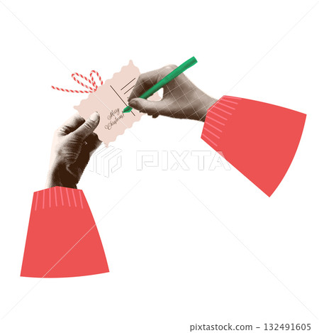 Hand in a cozy knitted sleeve writing a letter to Santa on a vintage postcard. Merry Christmas and Happy New Year. Trendy halftone collage element for posters, banners, cards. Vector Hand in a cozy knitted sleeve writing a letter to Santa on a vintage postcard. Merry Christmas and Happy New Year. Trendy halftone collage element for posters, banners, cards. Vector 132491605