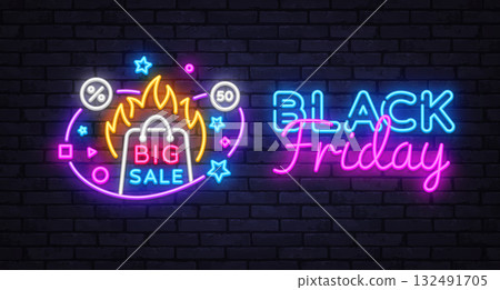 Bright neon sign with burning shopping bag and text Big Sale. Words Black Friday glow on the right. Surrounded by stars and discount icons. Vector illustration 132491705