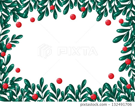 Botanical Green Twigs and Red Berries Frame 132491706