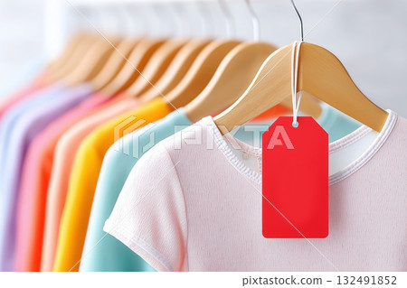 Colorful clothes on hangers with a red price tag, symbolizing a sale. Colorful clothes on hangers with a red price tag, symbolizing a sale. 132491852