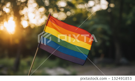 Rainbow flag, a symbol of the LGBT community, against a backdrop of the setting sun and trees. Rainbow flag, a symbol of the LGBT community, against a backdrop of the setting sun and trees. 132491853