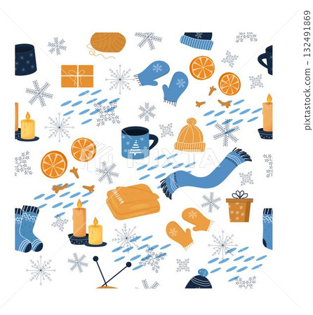 Bright Christmas winter hygge seamless pattern on white background, cozy elements, ornamental objects. Seasonal design, trendy, fashion. 132491869