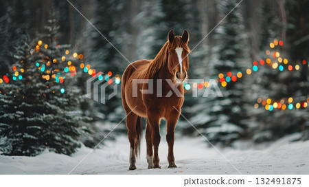 A brown horse stands in a snowy forest. Colorful lights are strung among evergreen trees, symbolizing the Chinese New Year of 2026. 132491875